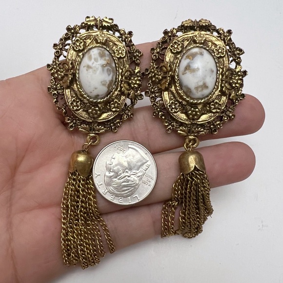 Vintage Victorian Revival Ornate Goldtone Speckle Cabochon Tassel Clip Earrings - Picture 2 of 7